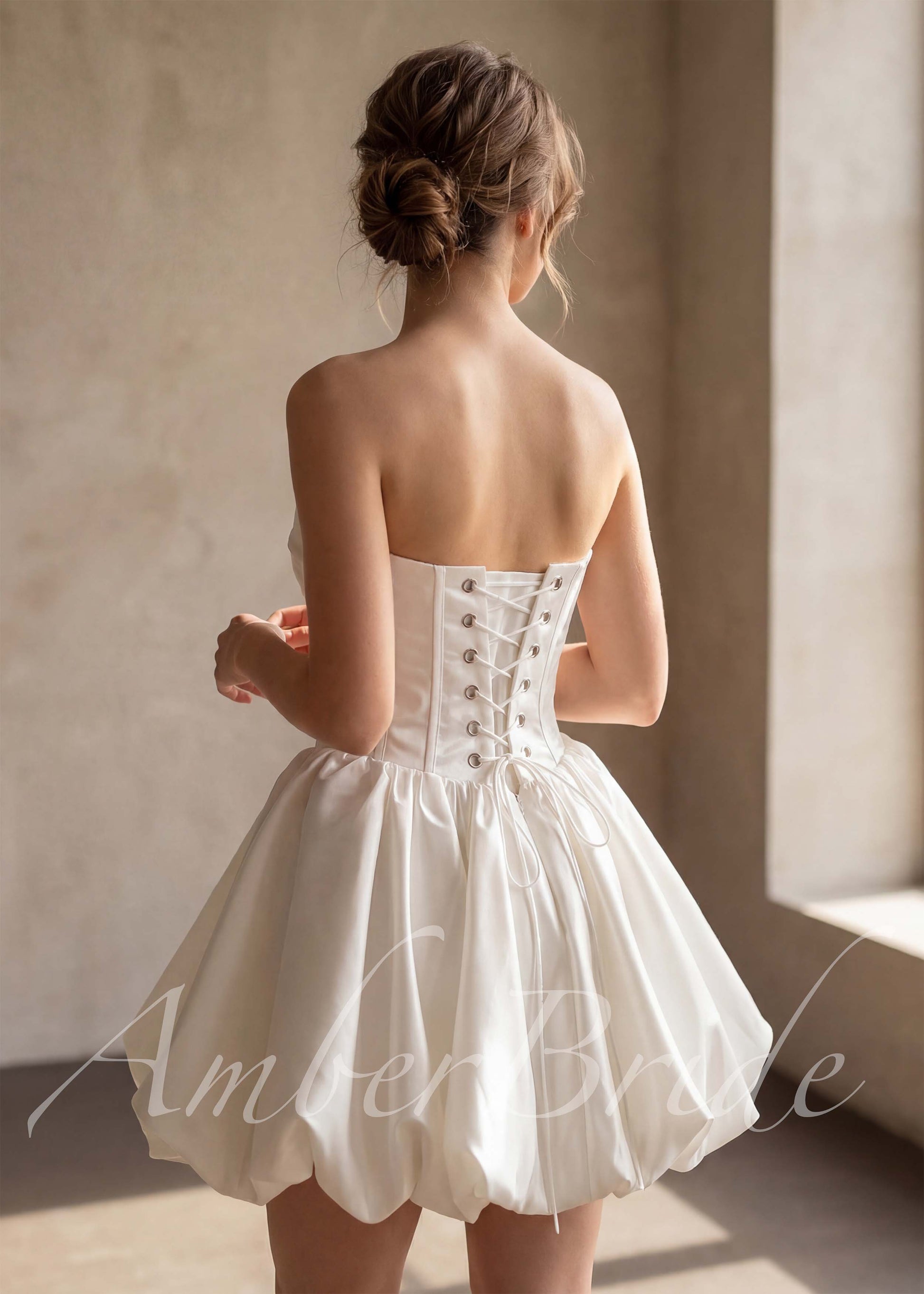 Puffy Knee Length Satin Dress with Strapless Bodice for Wedding | AmberBride Puffy Knee Length Satin Dress with Strapless Bodice for Wedding | AmberBride