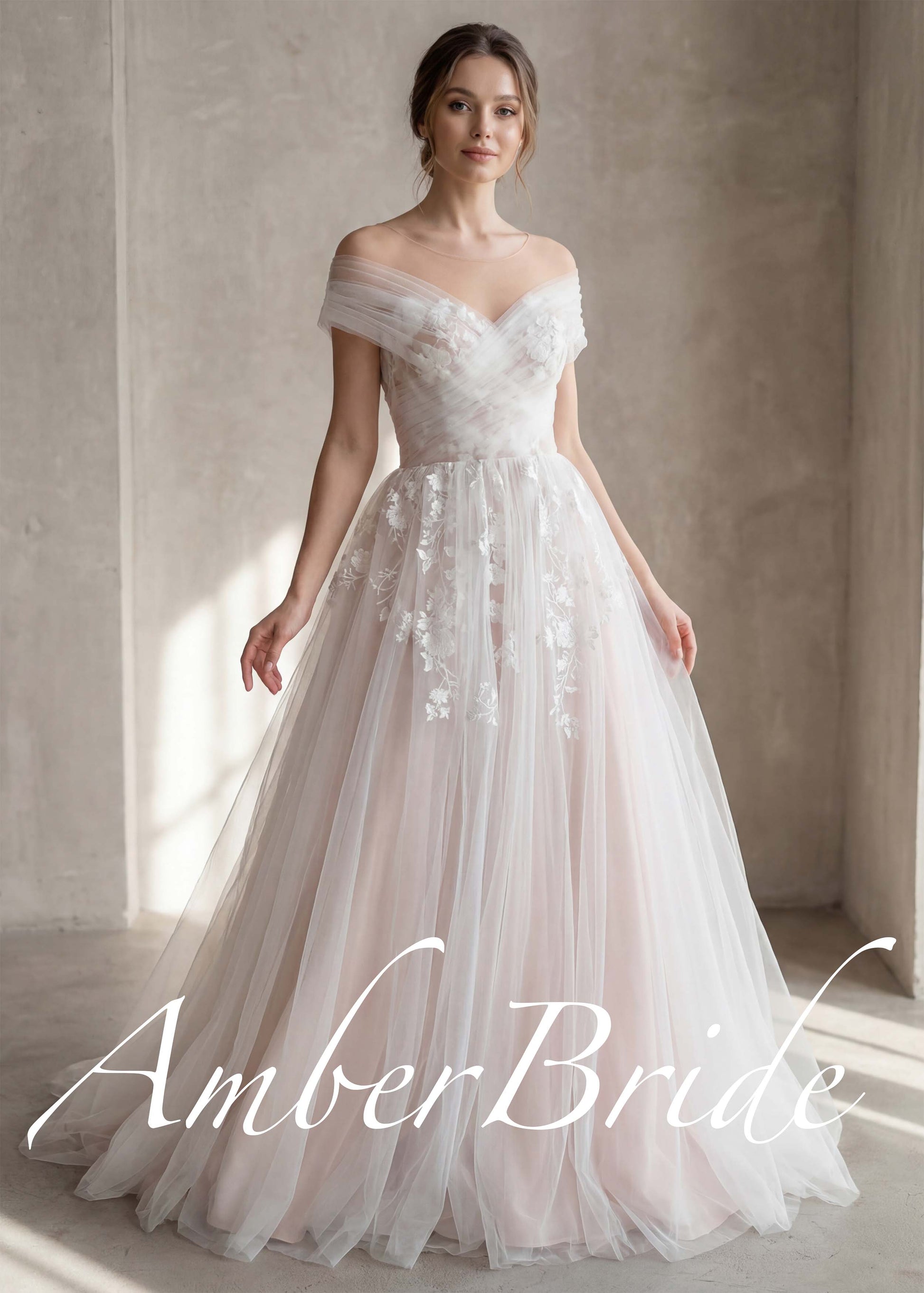 Romantic Off-Shoulder Floral Tulle Wedding Dress | AmberBride Romantic Off-Shoulder Floral Tulle Wedding Dress | AmberBride