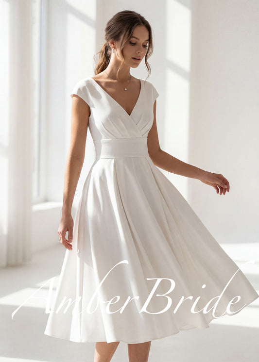 Elegant A-Line Tea Length Short Satin Dress with Cap Sleeves and Open Back