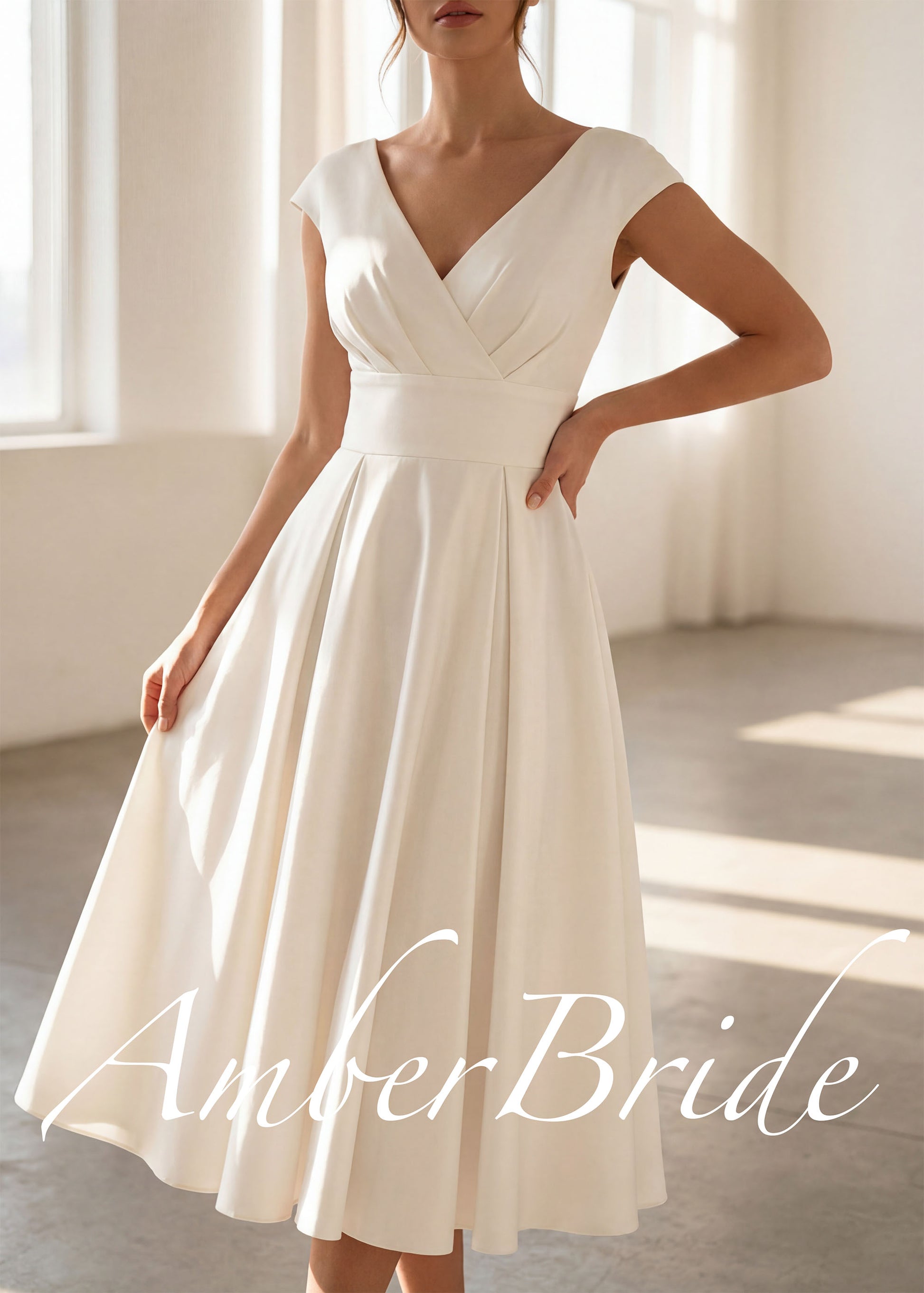 Ivory tea-length satin A-line dress with a V-neck, cap sleeves, and a fitted waistband.