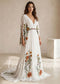 Boho Chiffon A-Line Wedding Dress with Colorful Floral Embroidery and Bell Sleeves