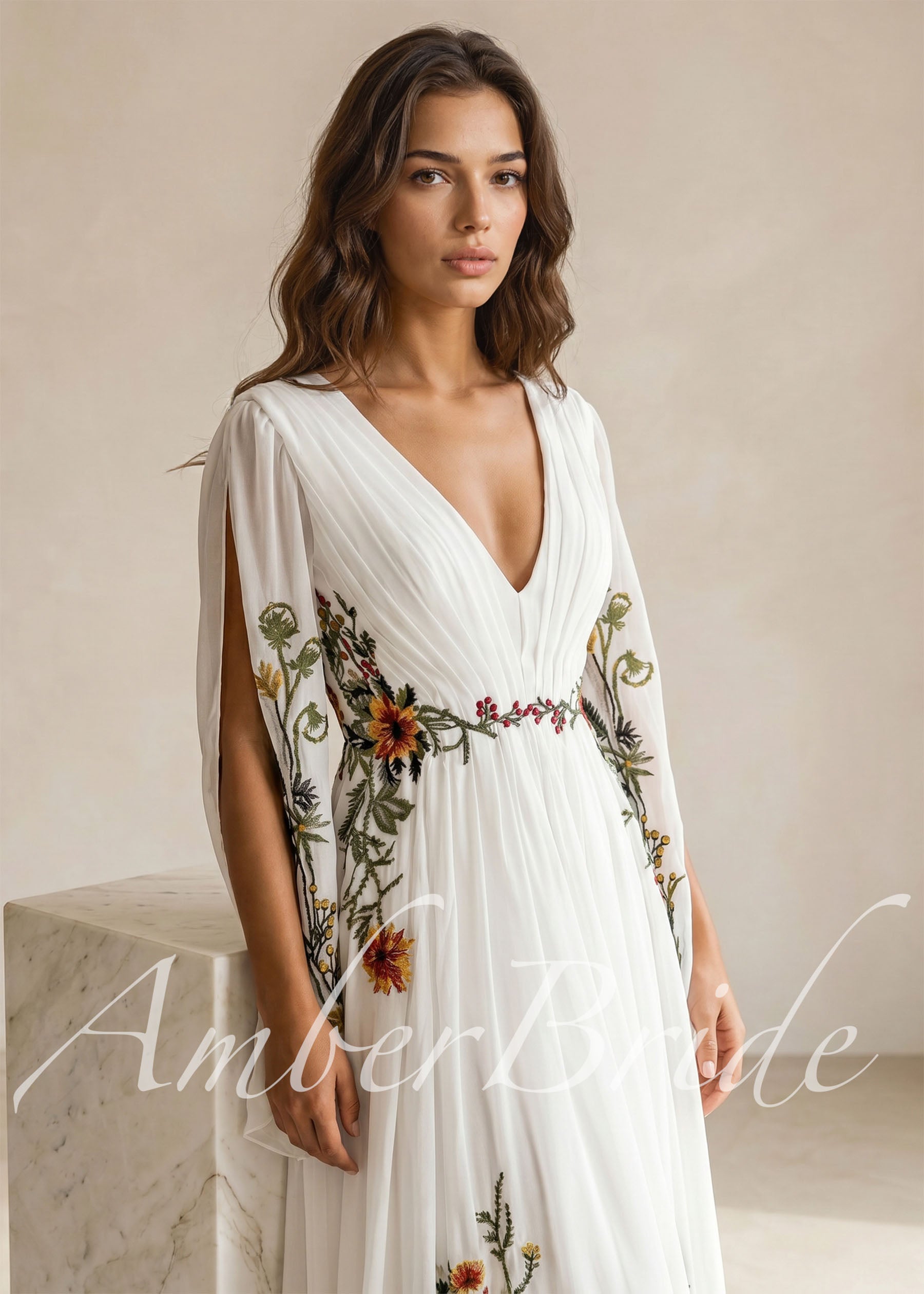 Bohemian Wedding Dress with Bell Sleeves and Floral Embroidery for Summer Weddings
