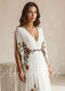 Boho Chiffon A-Line Wedding Dress with Colorful Floral Embroidery and Bell Sleeves