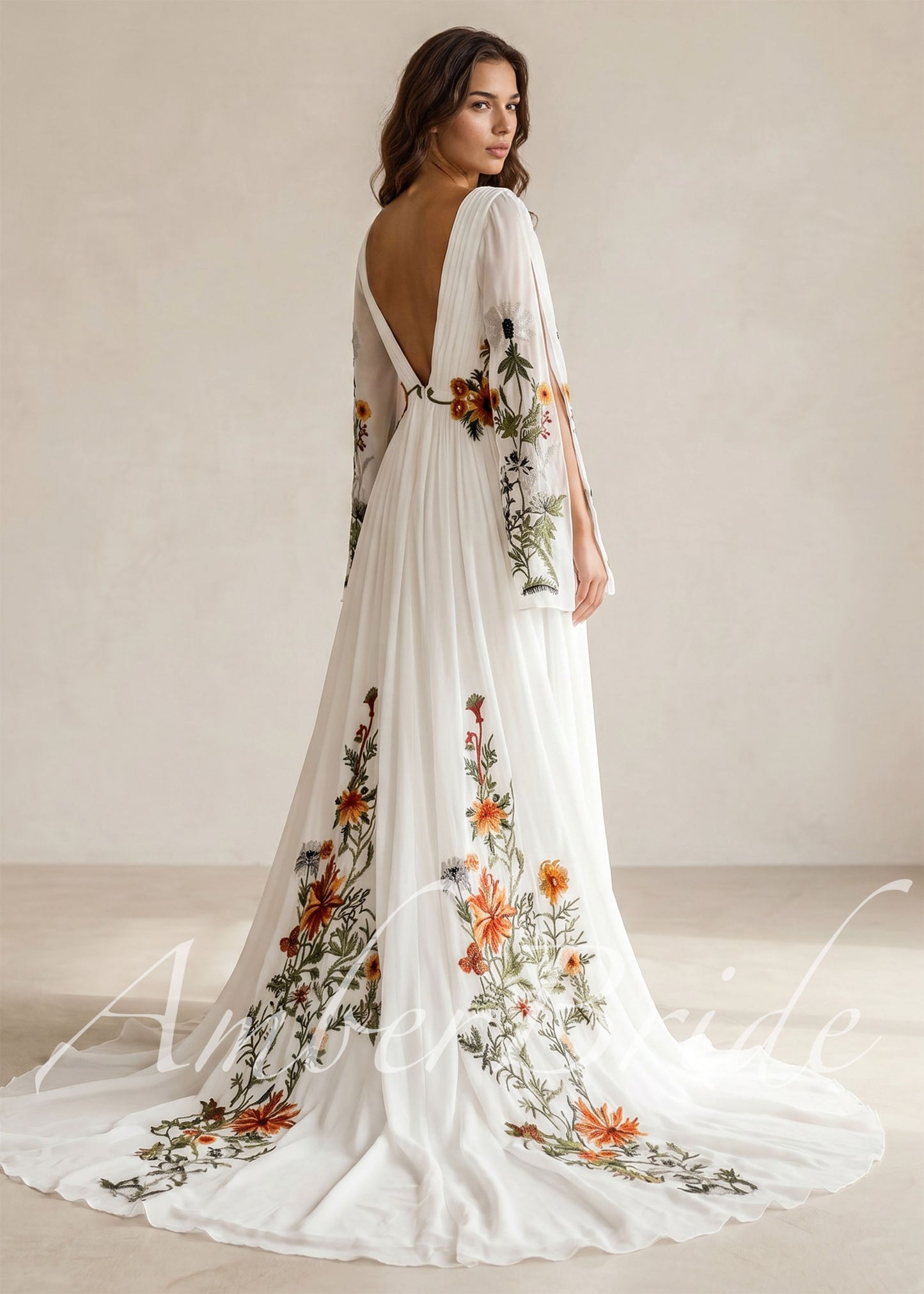 Boho Chiffon A-Line Wedding Dress with Colorful Floral Embroidery and Bell Sleeves