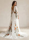 Boho Chiffon A-Line Wedding Dress with Colorful Floral Embroidery and Bell Sleeves