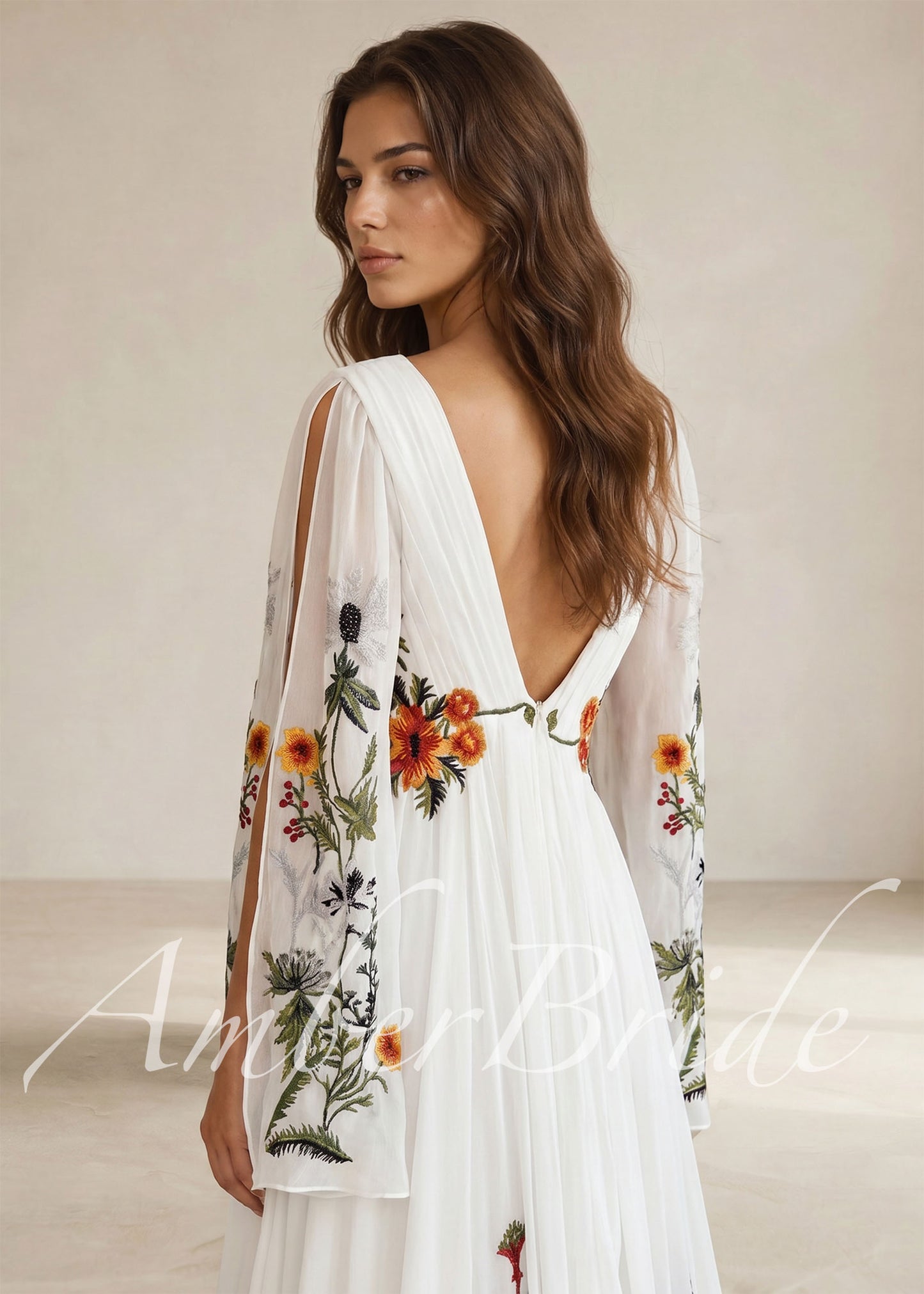 Boho Chiffon A-Line Wedding Dress with Colorful Floral Embroidery and Bell Sleeves