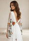 Boho Chiffon A-Line Wedding Dress with Colorful Floral Embroidery and Bell Sleeves