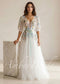 Floral Embroidered Tulle A-Line Wedding Dress with Deep V-Neck, Puff Sleeves and Ribbon Sash