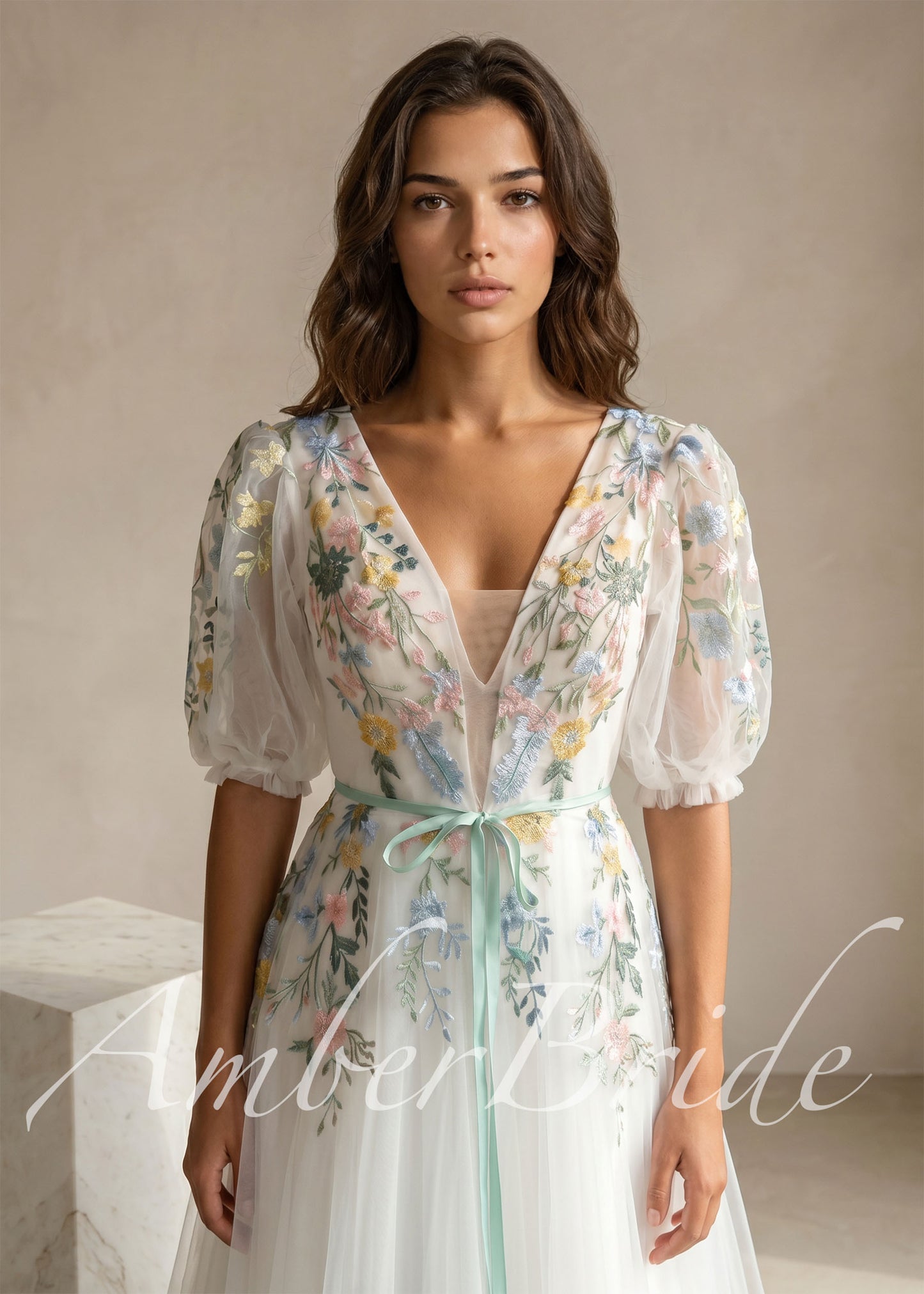Floral Embroidered Tulle A-Line Wedding Dress with Deep V-Neck, Puff Sleeves and Ribbon Sash