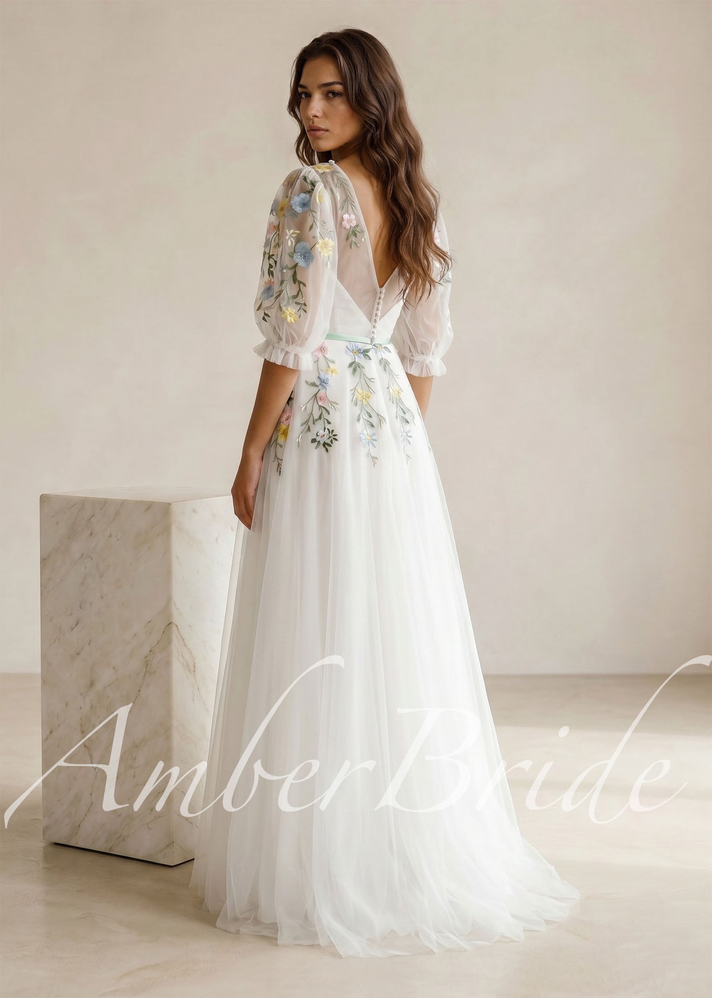 Floral Embroidered Tulle A-Line Wedding Dress with Deep V-Neck, Puff Sleeves and Ribbon Sash