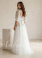 Floral Embroidered Tulle A-Line Wedding Dress with Deep V-Neck, Puff Sleeves and Ribbon Sash
