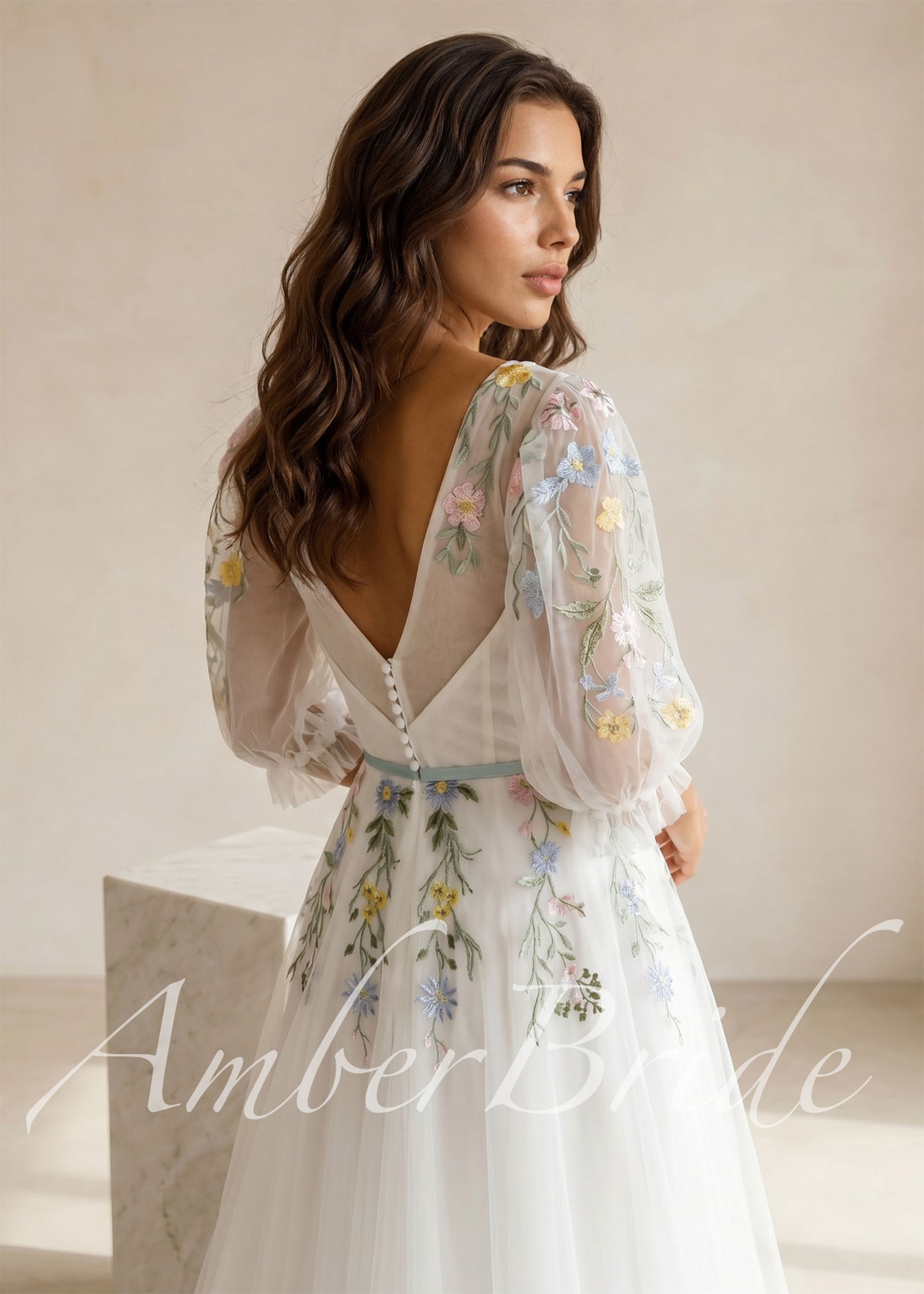 Floral Embroidered Tulle A-Line Wedding Dress with Deep V-Neck, Puff Sleeves and Ribbon Sash