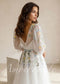 Floral Embroidered Tulle A-Line Wedding Dress with Deep V-Neck, Puff Sleeves and Ribbon Sash