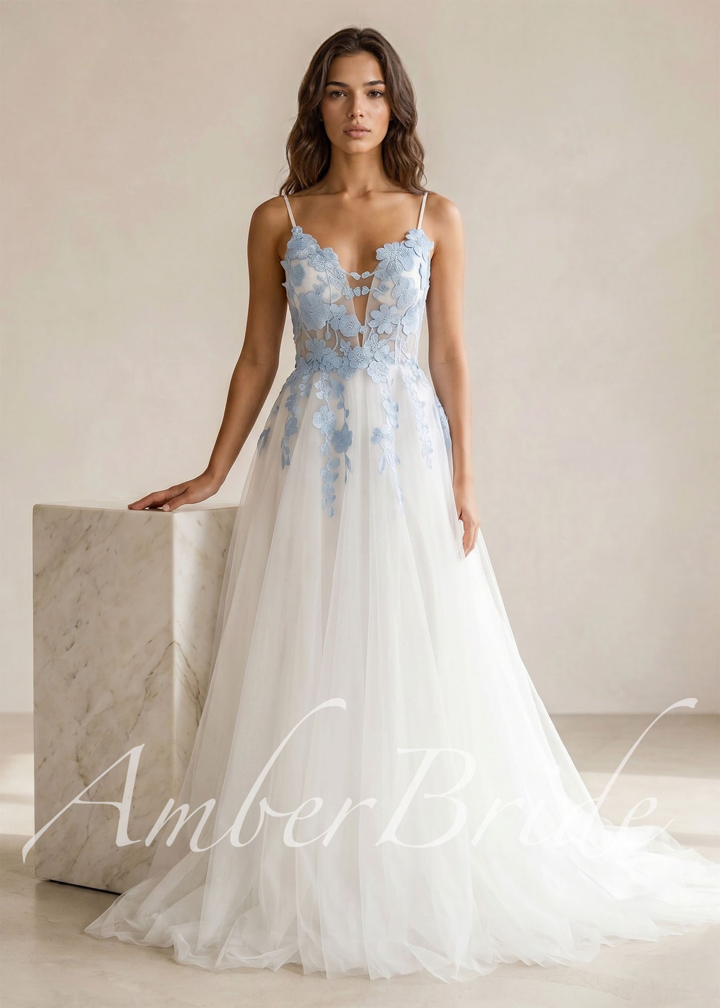Sky Blue Floral Tulle Wedding Dress with Spaghetti Straps and Open Back