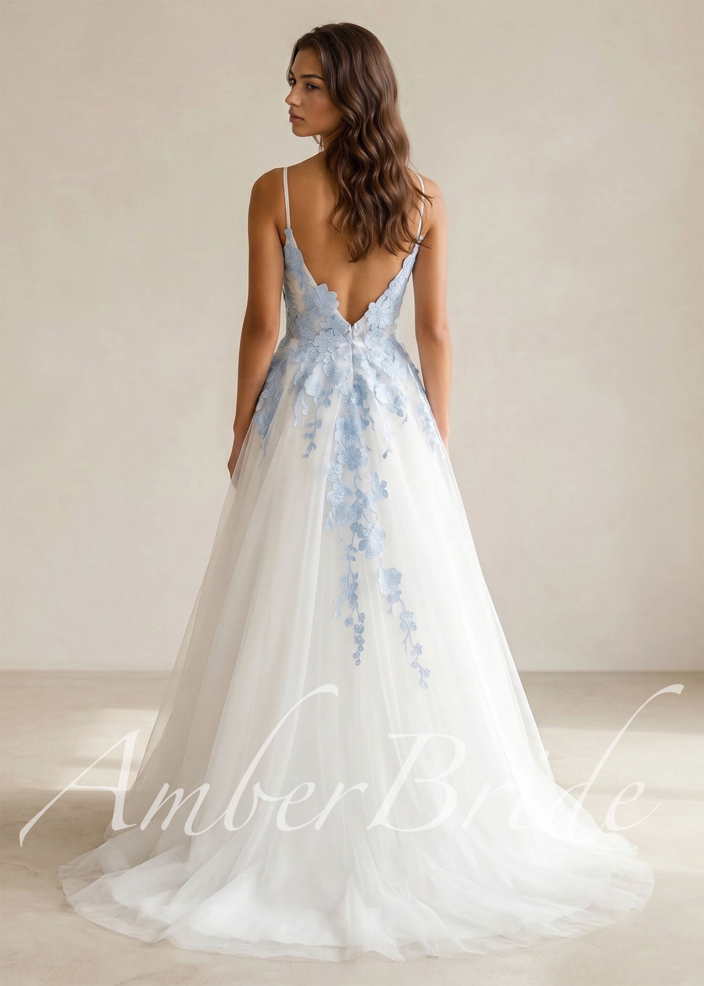 Sky Blue Floral Tulle Wedding Dress with Spaghetti Straps and Open Back