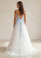 Sky Blue Floral Tulle Wedding Dress with Spaghetti Straps and Open Back