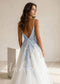 Sky Blue Floral Tulle Wedding Dress with Spaghetti Straps and Open Back