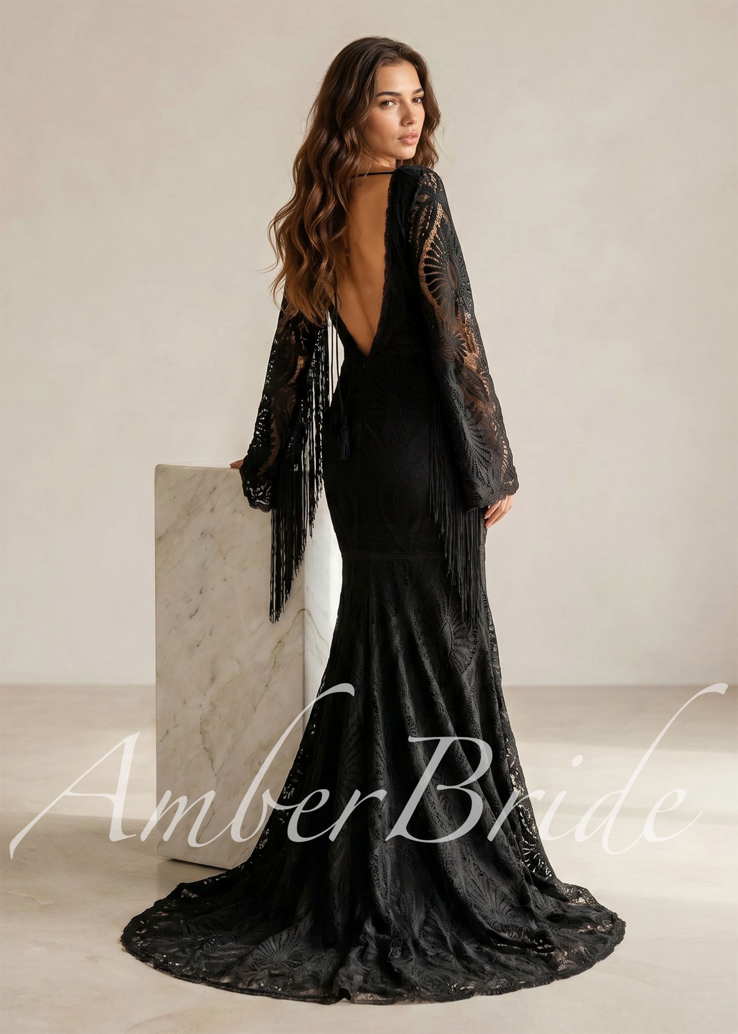 Black Bohemian Lace Wedding Dress with Fringe Sleeves