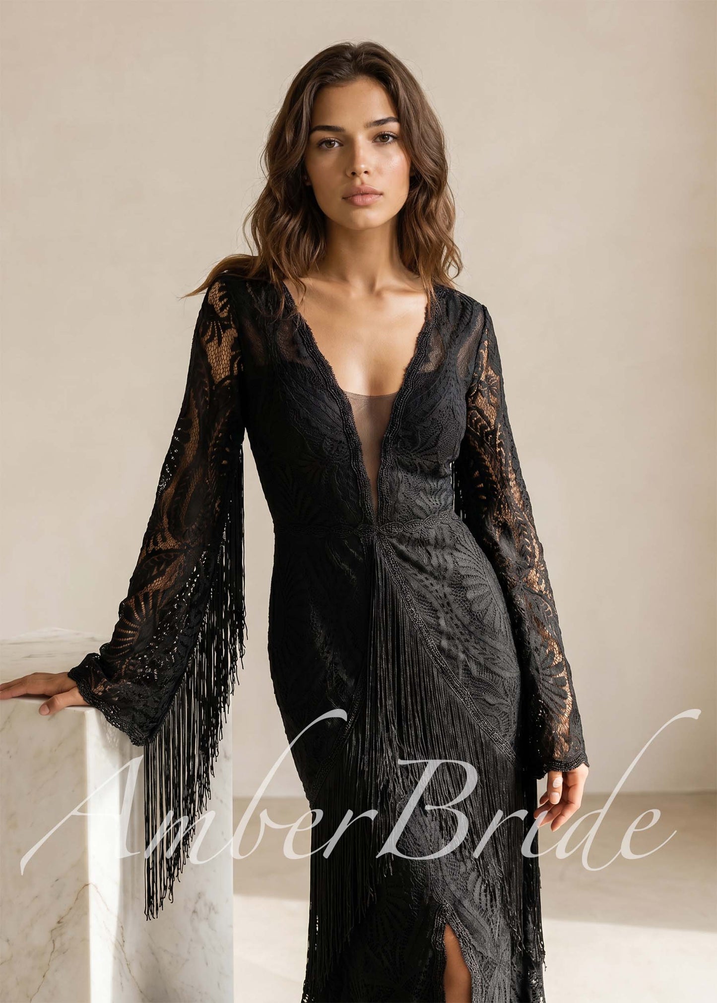 Bohemian Black Lace Wedding Dress with Fringe Sleeves