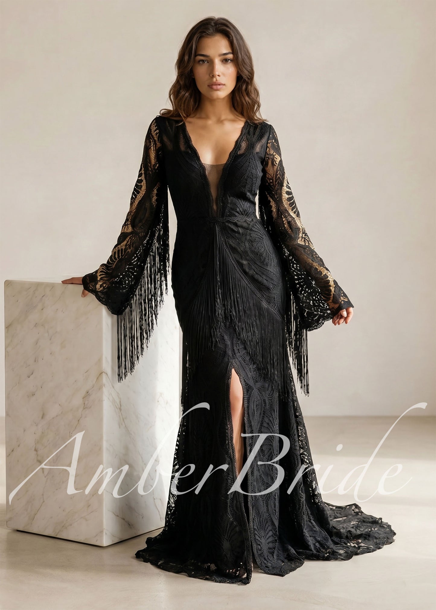 Black Bohemian Lace Wedding Dress with Fringe Sleeves
