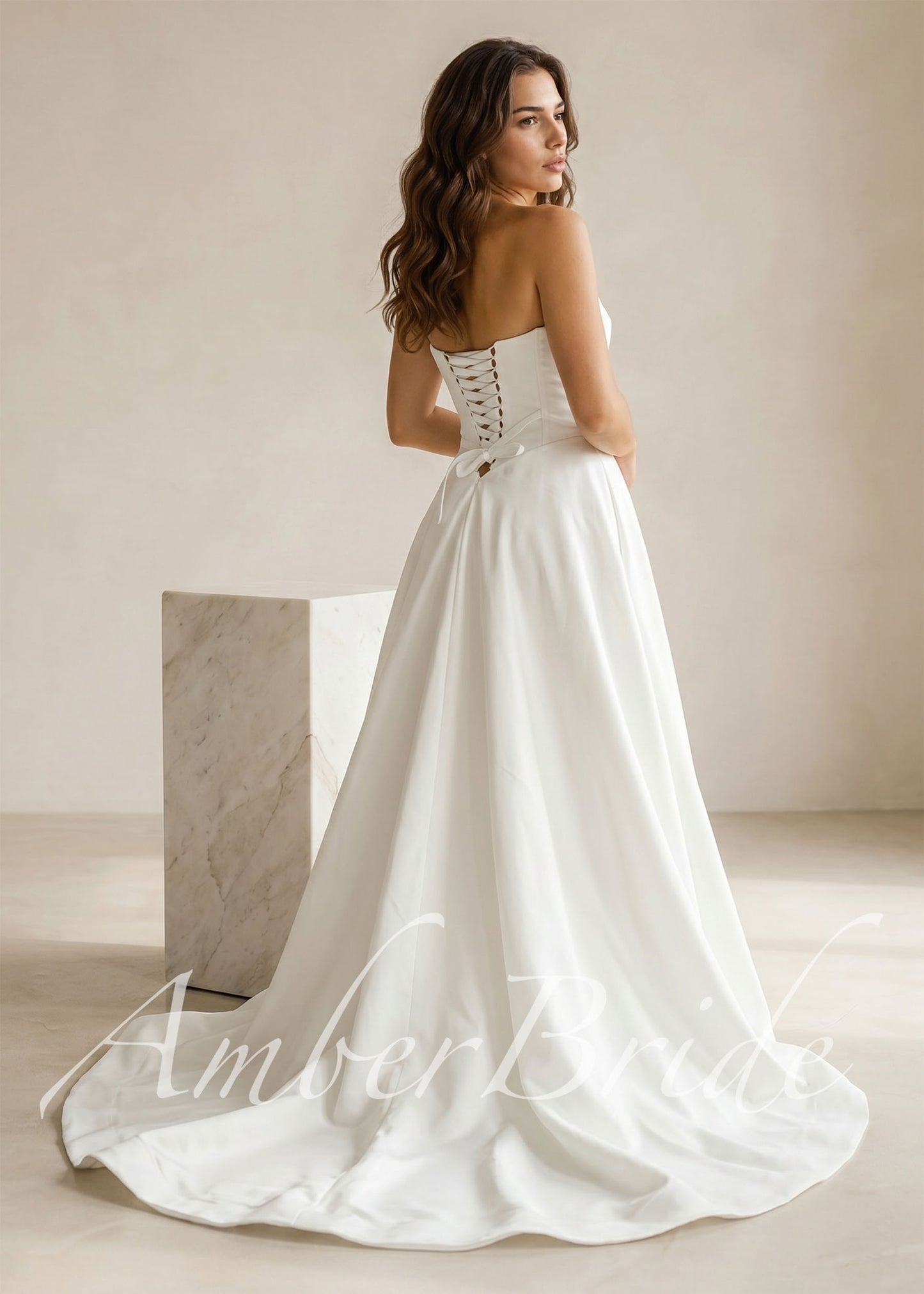 Strapless shimmering satin wedding dress with a sweetheart bodice