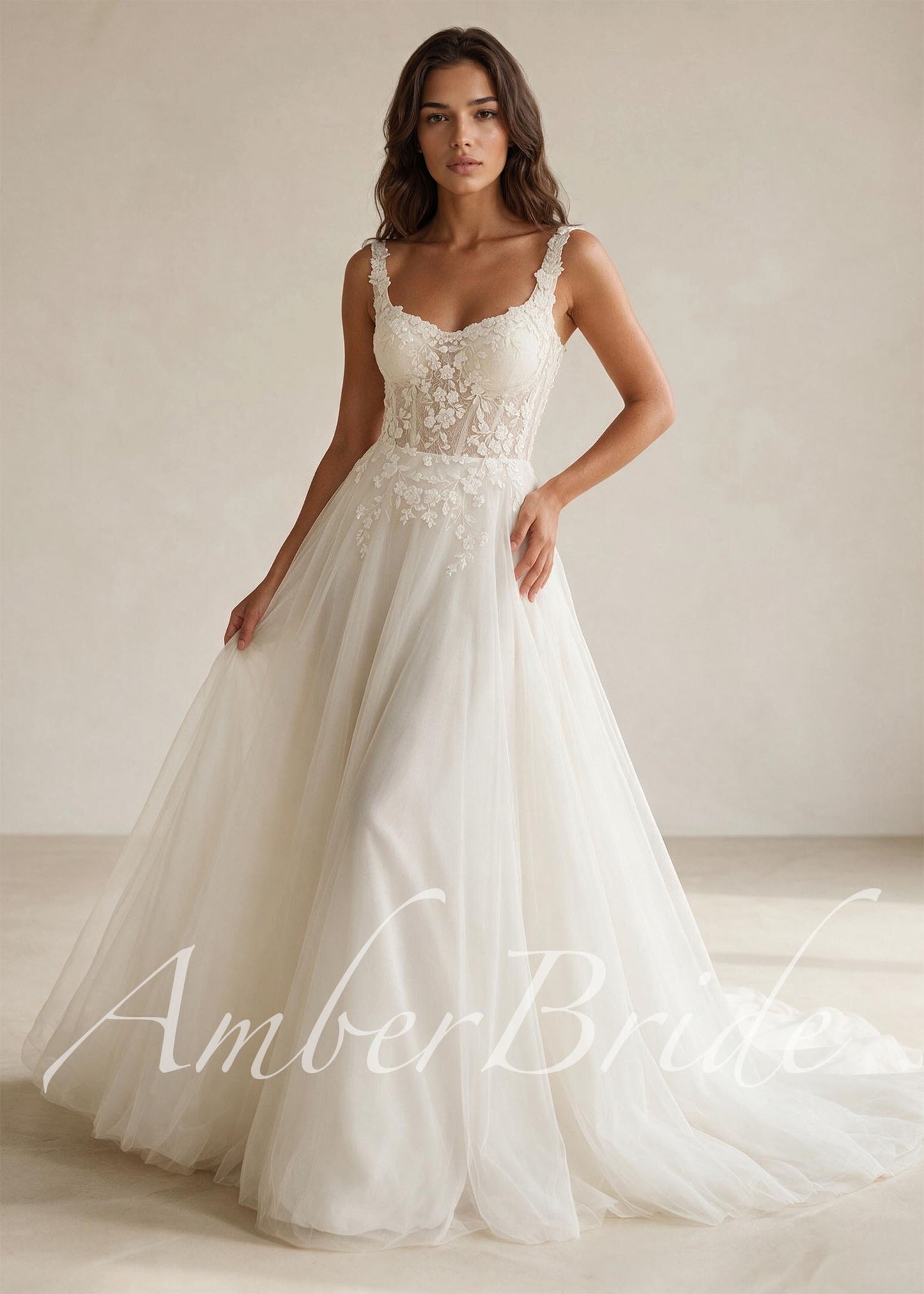 Rustic Wedding Dress with Floral Appliques with Glittering Tulle Skirt