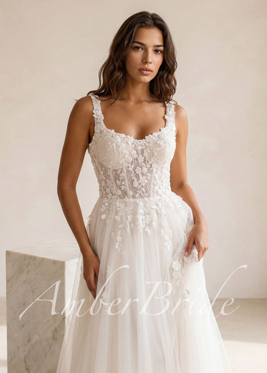 Rustic Wedding Dress with Floral Appliques with Glittering Tulle Skirt