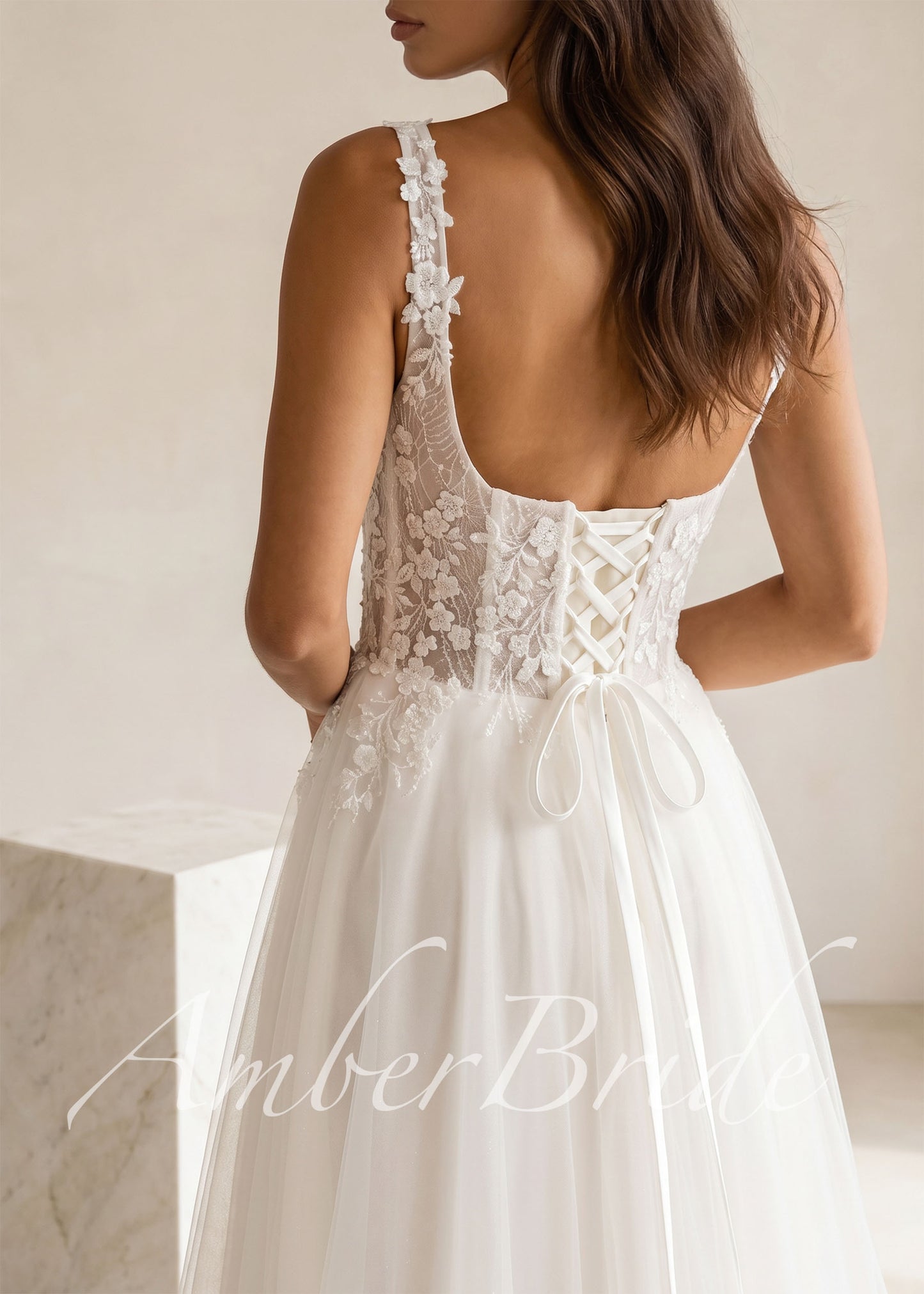 Rustic Wedding Dress with Floral Appliques with Glittering Tulle Skirt