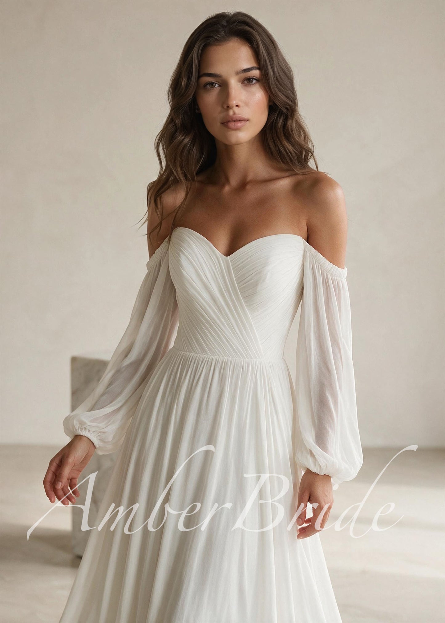 Elegant A Line Wedding Dress with Folder Chiffon Bodice and Flowy Long Train