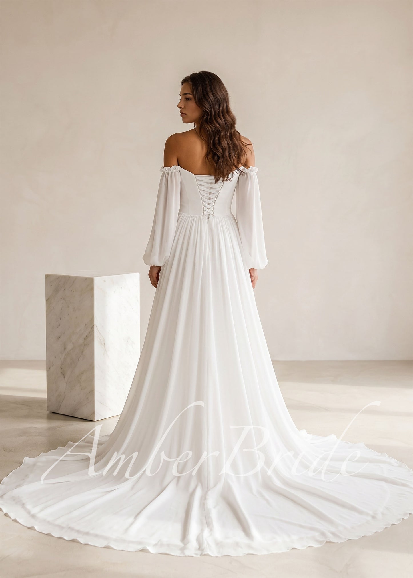 Elegant A Line Wedding Dress with Folder Chiffon Bodice and Flowy Long Train