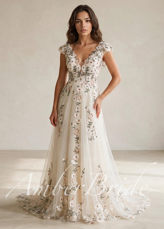Romantic A-Line Wedding Dress with Floral Embroidery and Cap Sleeve