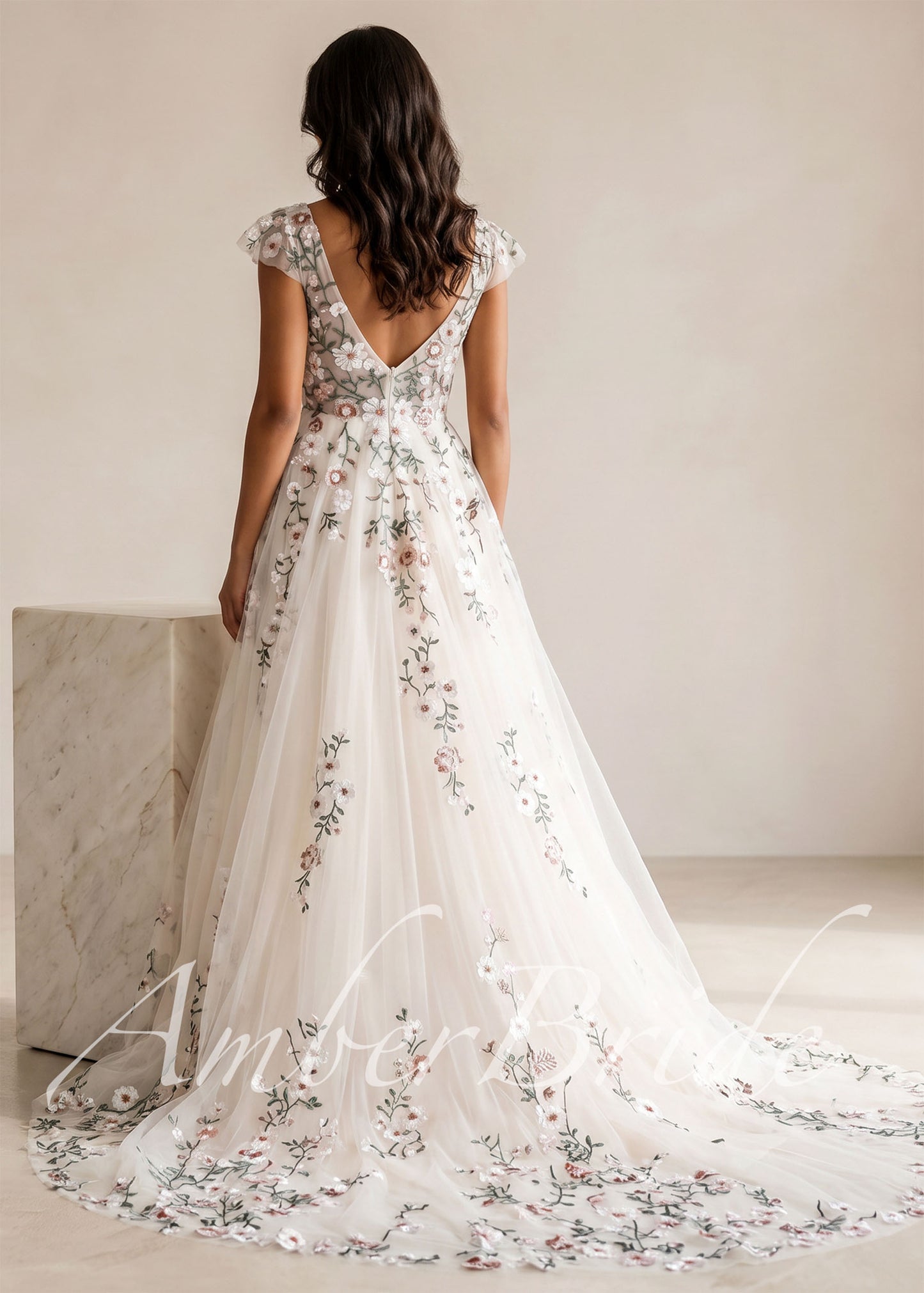 Romantic A-Line Wedding Dress with Floral Embroidery and Cap Sleeve