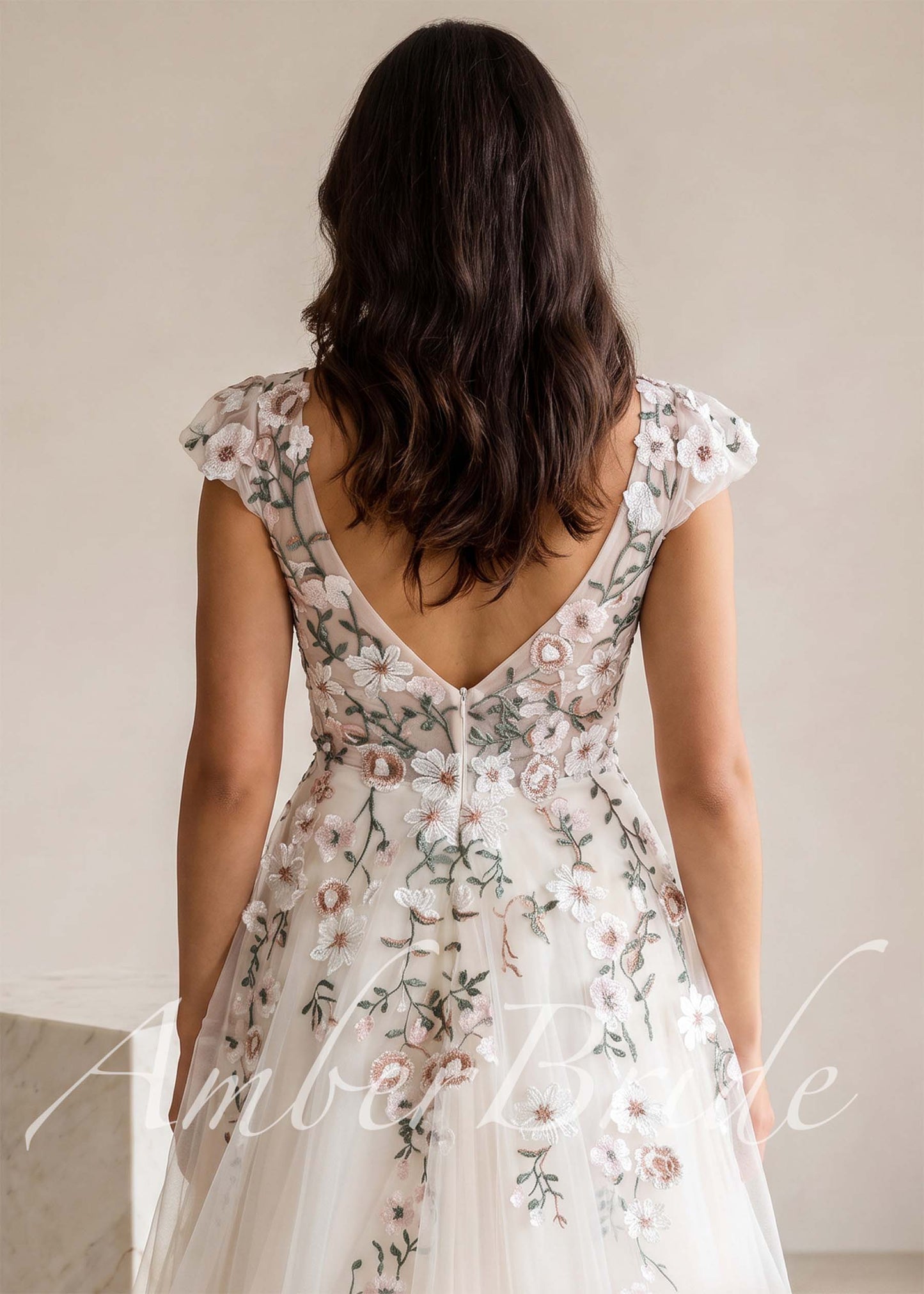 Romantic A-Line Wedding Dress with Floral Embroidery and Cap Sleeve