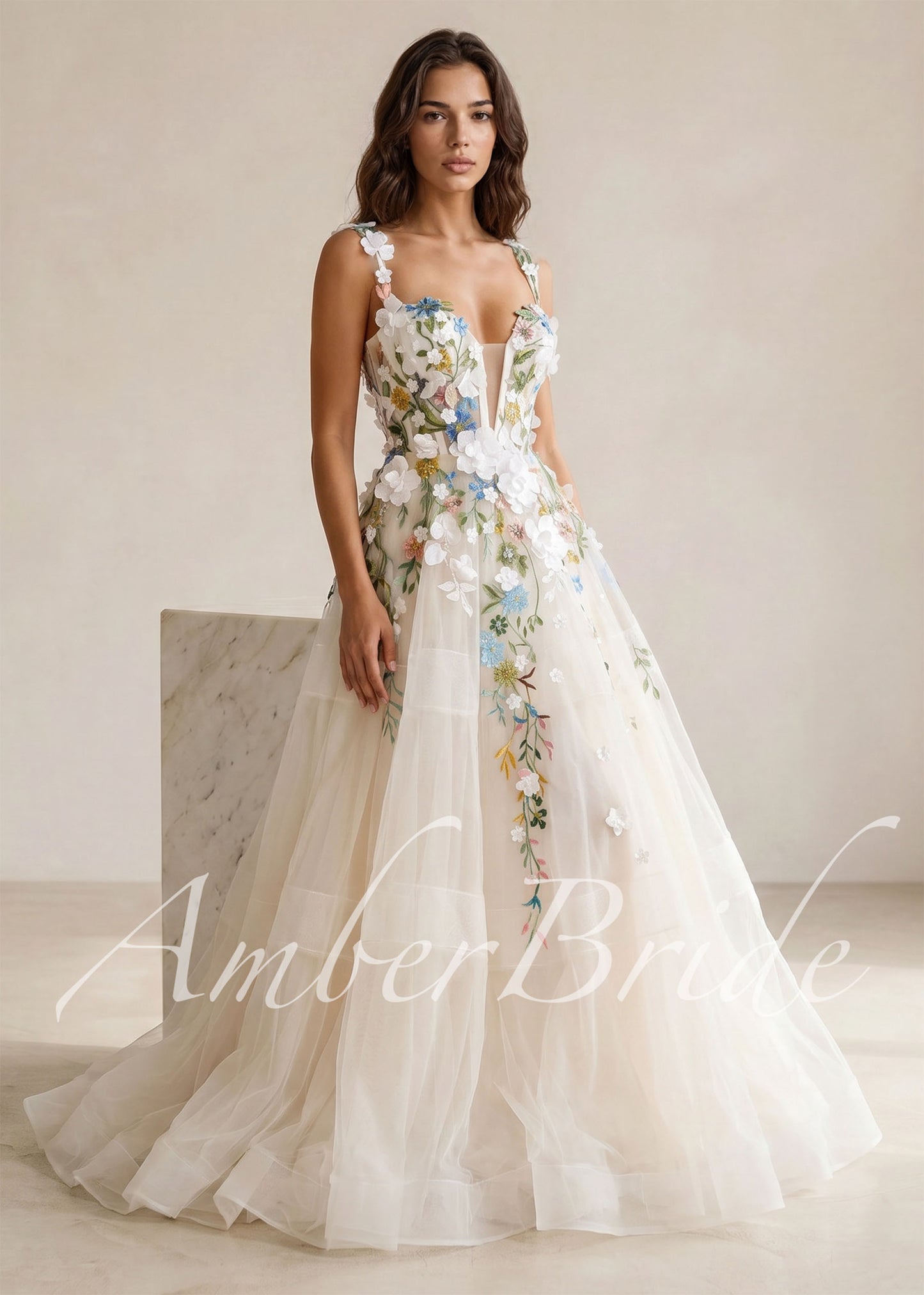 Rustic Floral Wedding Dress with Colorful Wildflower Appliques and Deep V-Neck