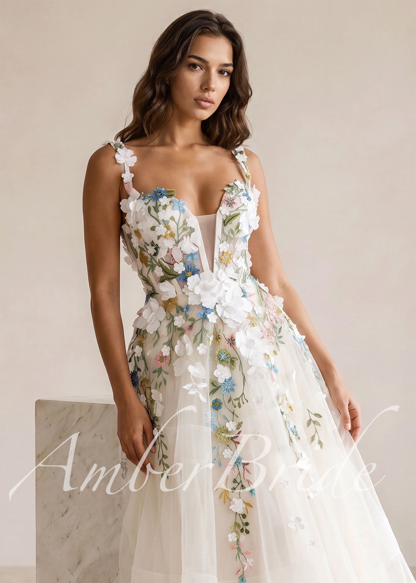 Beautiful Wildflower Appliqué Wedding Dress with Deep V Neck