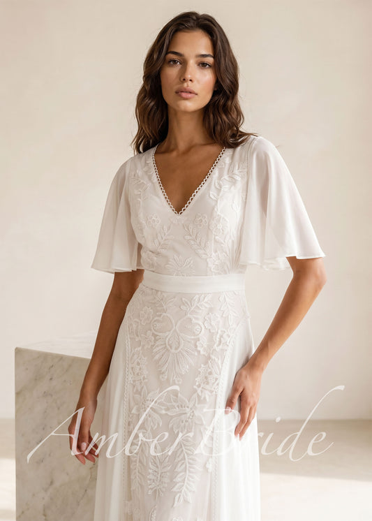 Boho A-Line Chiffon Wedding Dress with Lace Flowers, Flutter Sleeve and Backless Design