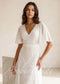 Boho A-Line Chiffon Wedding Dress with Lace Flowers, Flutter Sleeve and Backless Design
