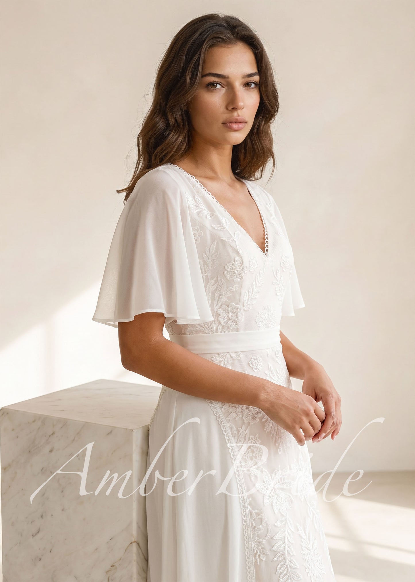 Boho A-Line Chiffon Wedding Dress with Lace Flowers, Flutter Sleeve and Backless Design