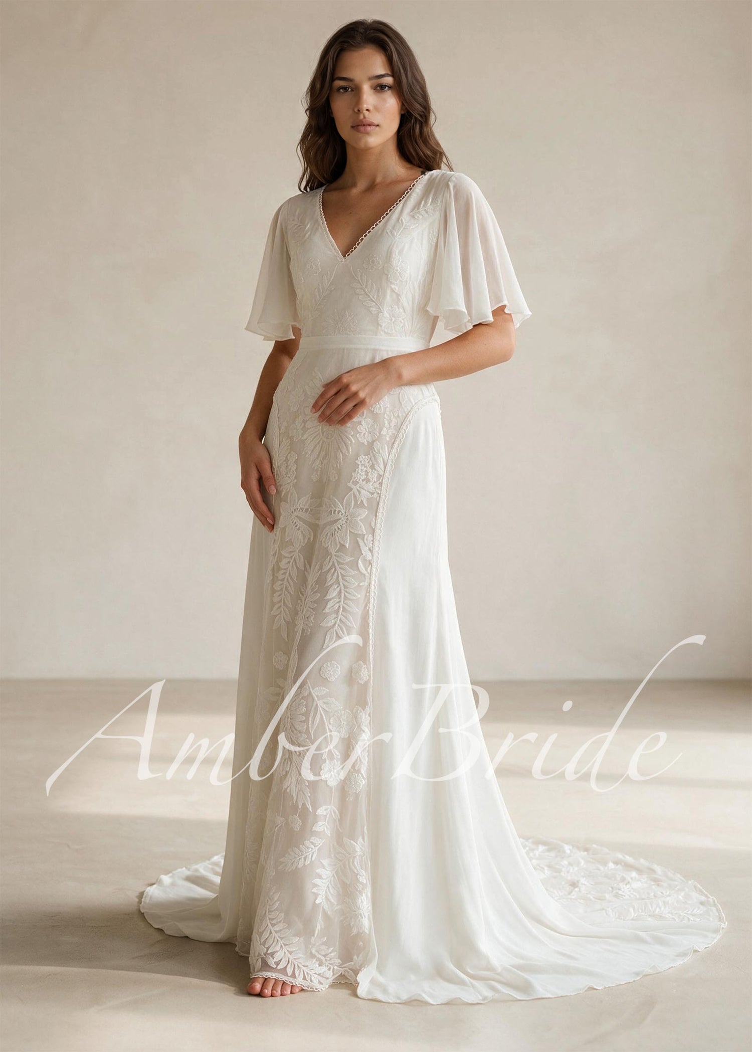 Boho A-Line Chiffon Wedding Dress with Flutter Sleeves