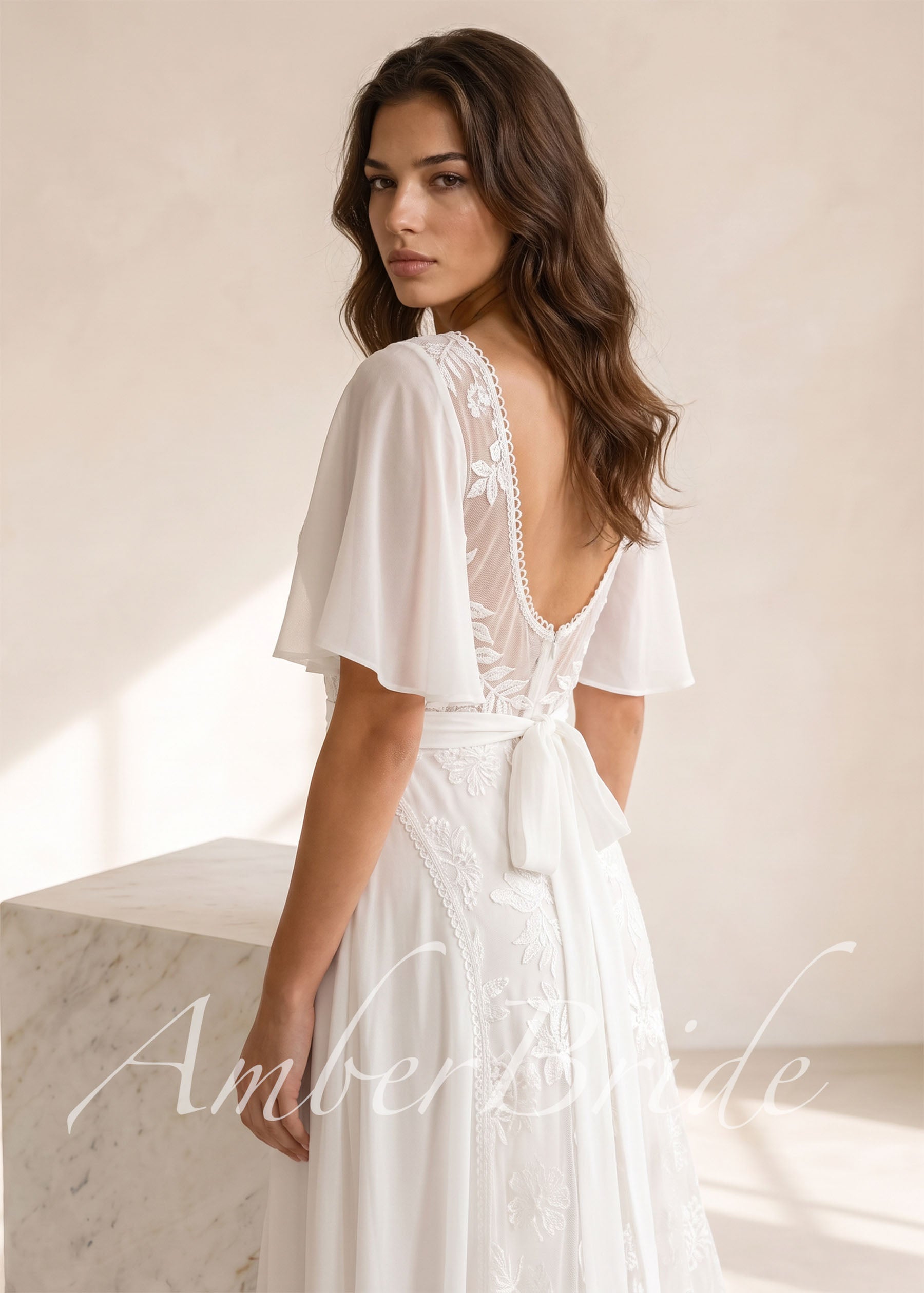Boho A-Line Chiffon Wedding Dress with Flutter Sleeves