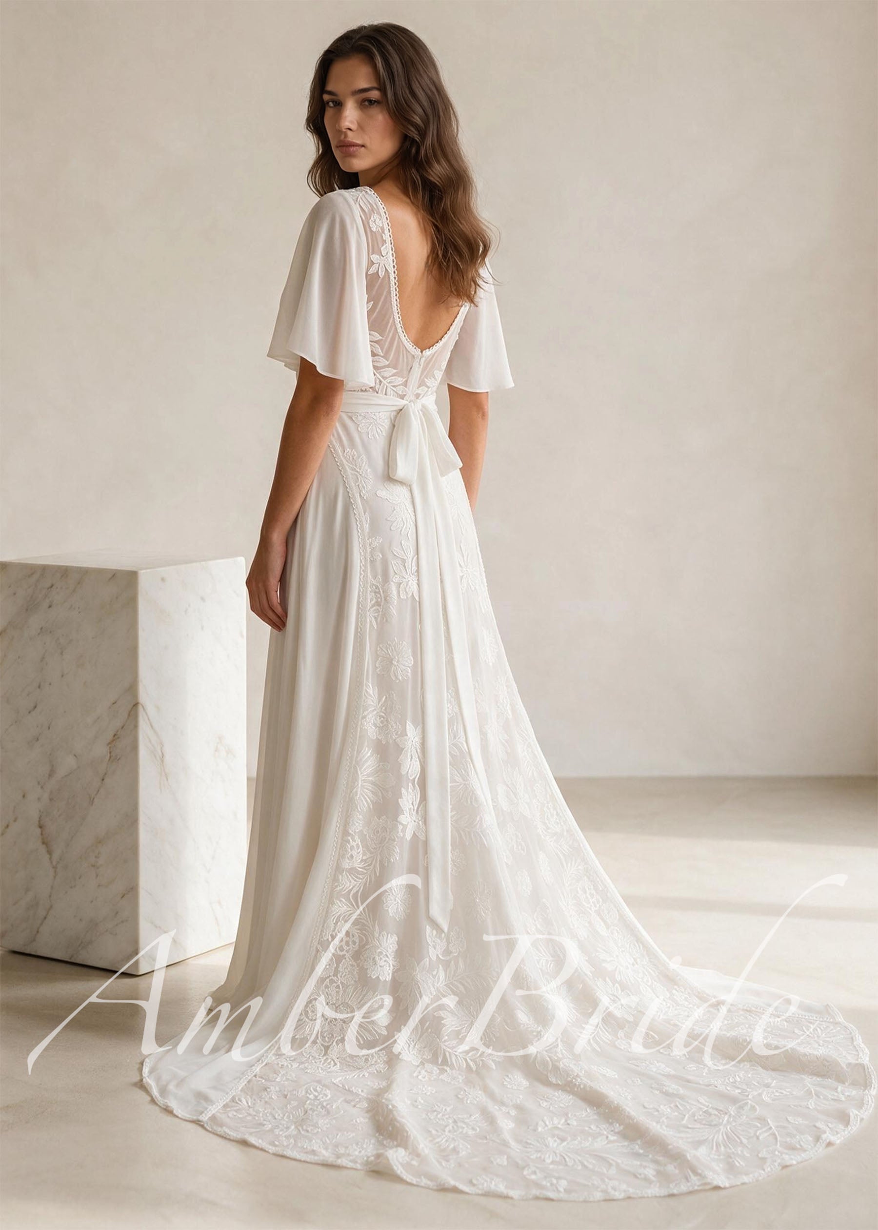 Boho A-Line Chiffon Wedding Dress with Flutter Sleeves