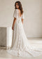 Boho A-Line Chiffon Wedding Dress with Lace Flowers, Flutter Sleeve and Backless Design