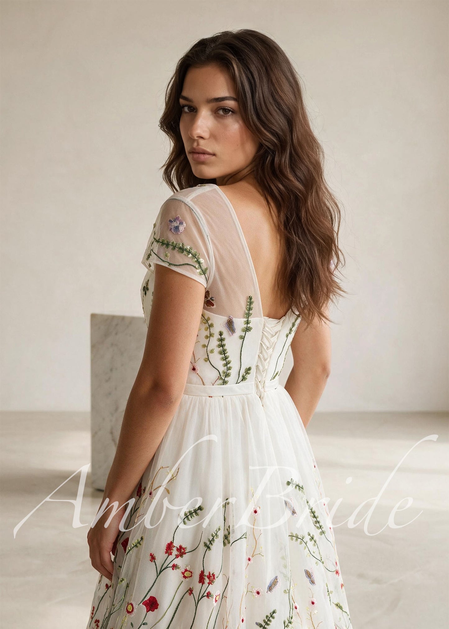 Romantic A-Line Wedding Dress with Colorful Embroidered Flowers