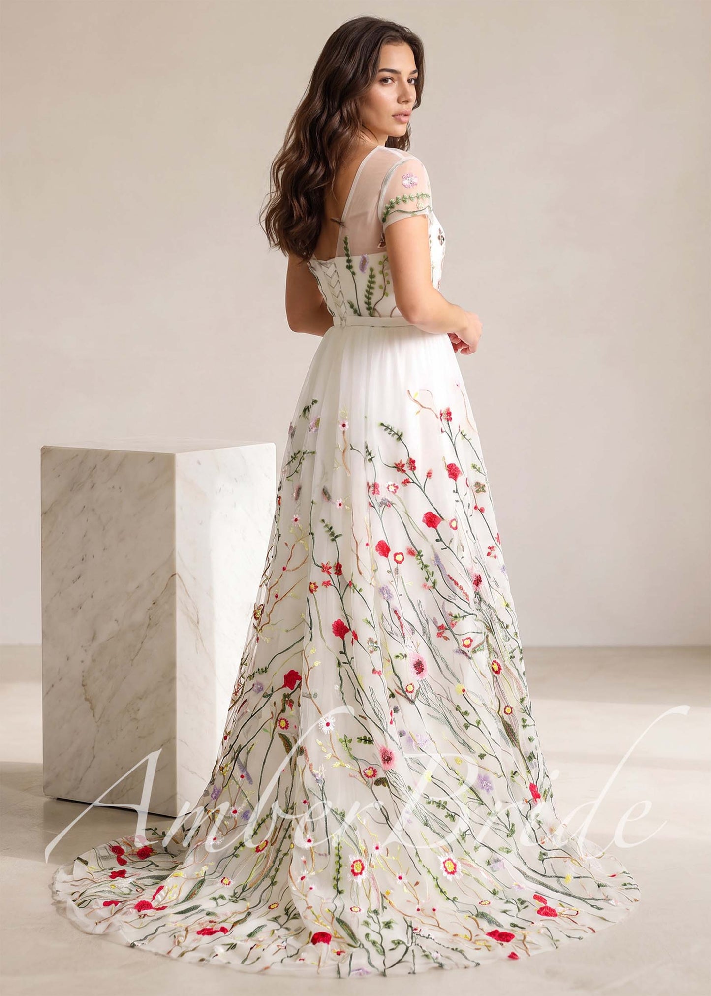 Romantic A-Line Wedding Dress with Colorful Embroidered Flowers