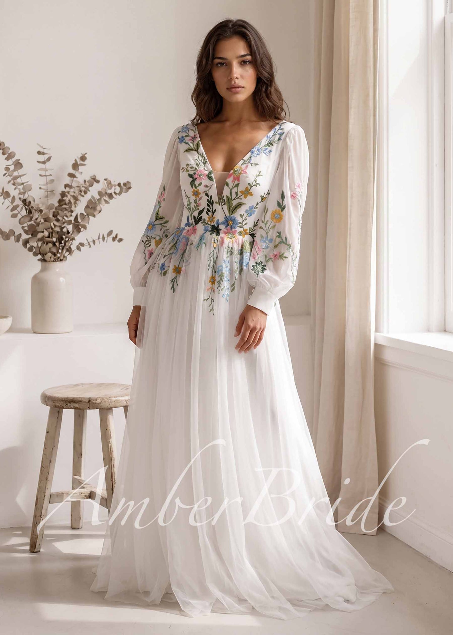 Romantic Colorful Floral Embroidered A-Line Tulle Wedding Dress