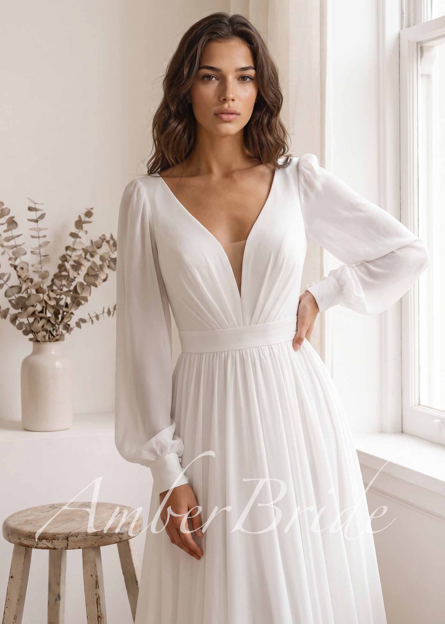 Elegant Flowy Chiffon Wedding Dress with Puffy Sleeves