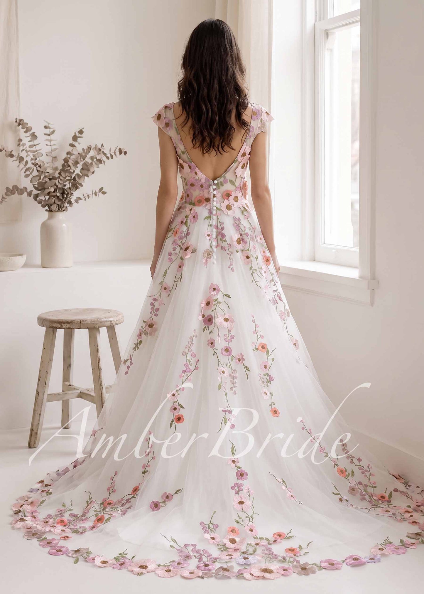 Pink Floral A Line Tulle Wedding Dress with Backless Design