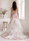 Pink Floral A Line Tulle Wedding Dress with Backless Design