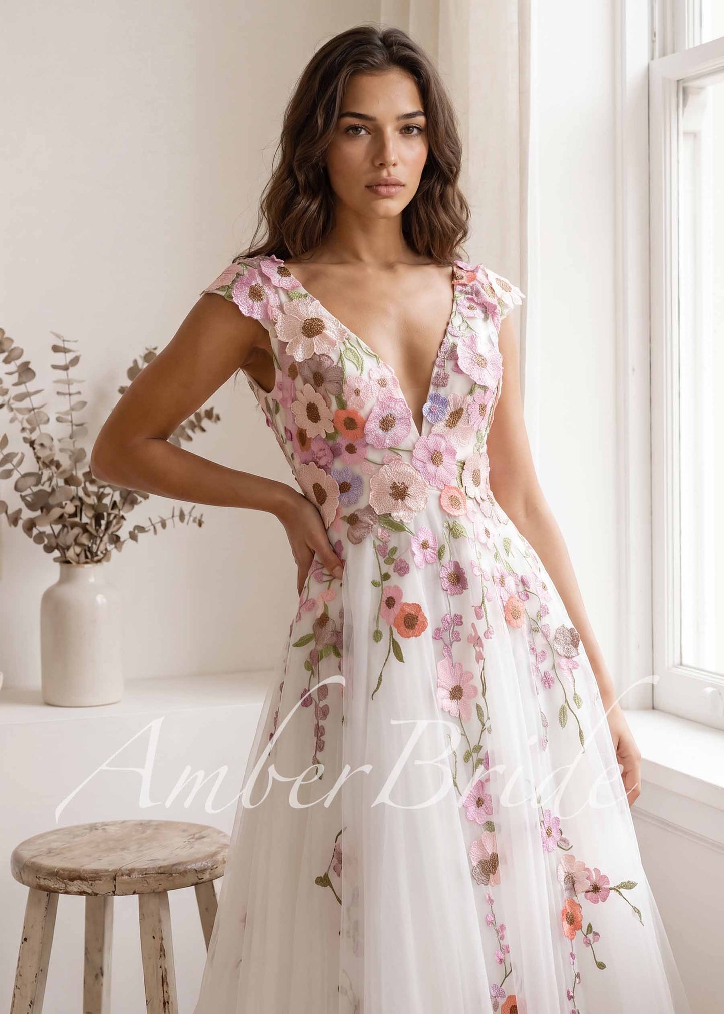 Pink Floral A Line Tulle Wedding Dress with Backless Design