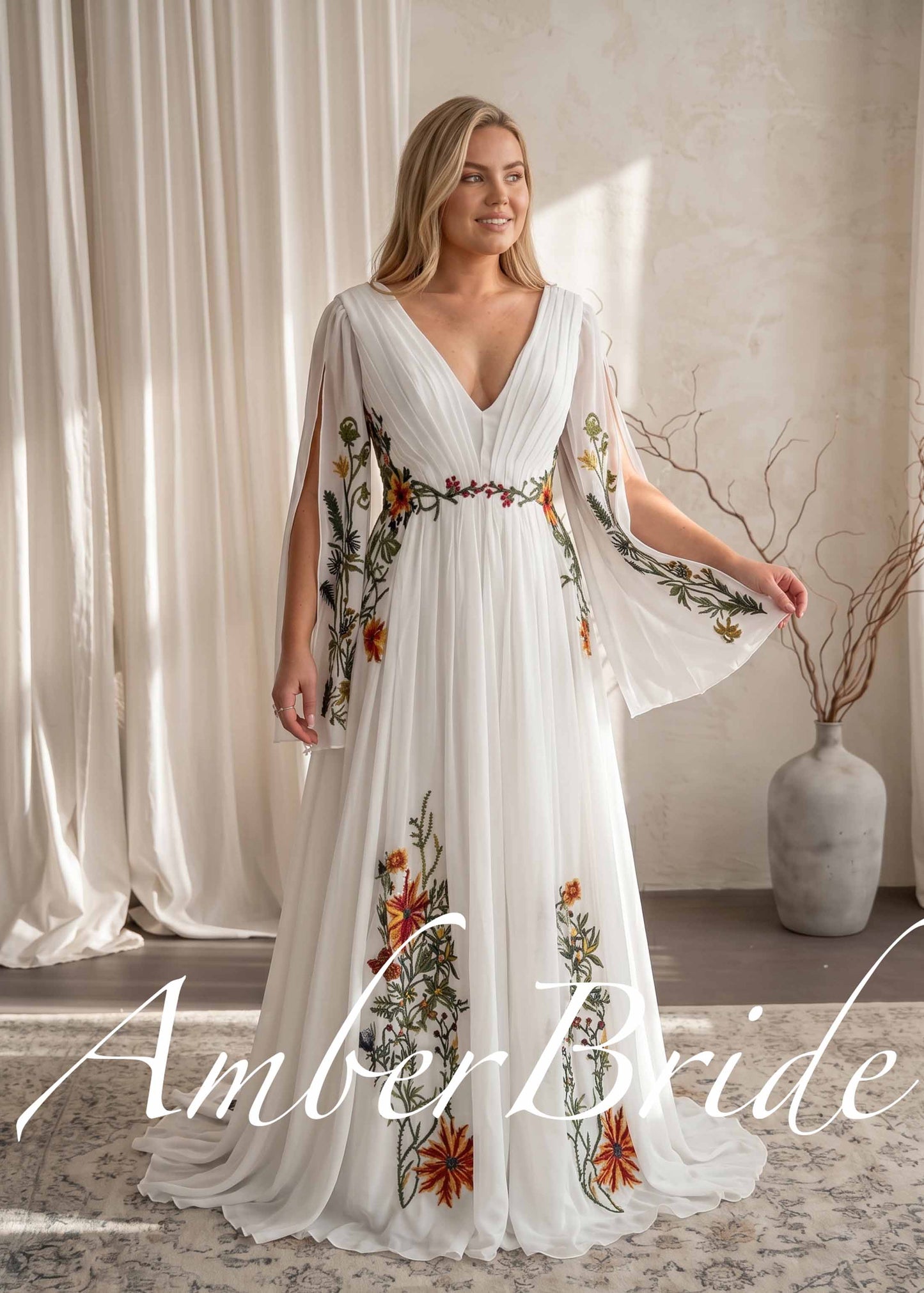 Boho Chiffon A-Line Wedding Dress with Colorful Floral Embroidery and Bell Sleeves